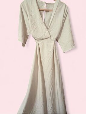 Elegant V-Neck Maxi Wrap Dress in Light Beige